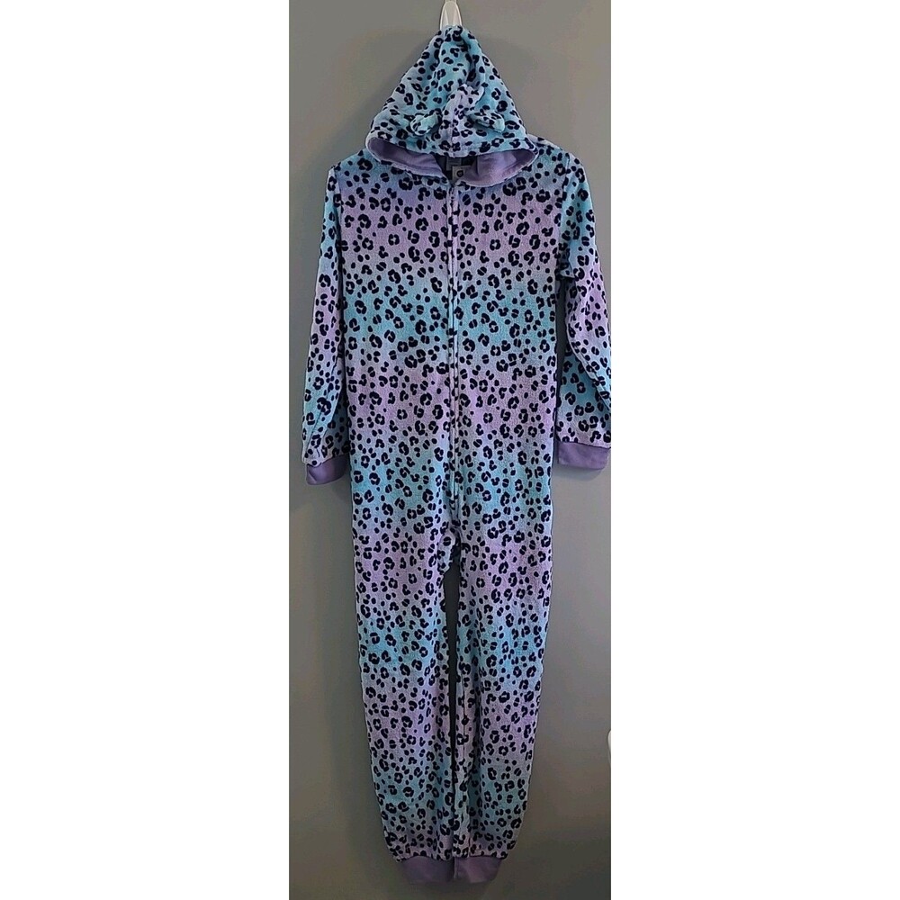 PJ Place Girl’s One Piece Cheetah Print Pajamas Purple/blue size XL 14